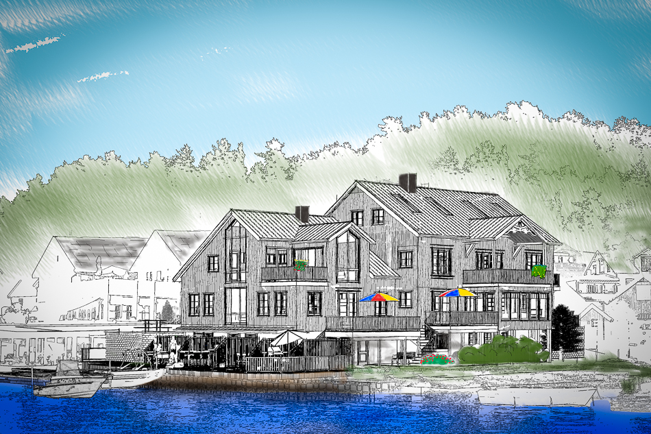 KONGSHAVN BRYGGE. Nytt leilighetsprosjekt i sjøkanten på Kongshavn på Tromøya.<br>Hold musepekeren på utsiden av bildet, så vil bildekarusellen gå.<br>Hold musepekeren på bildet, så stopper bilderullen.
