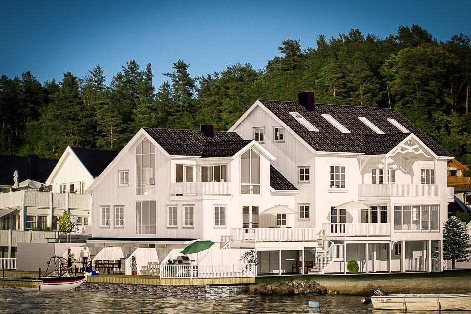 KONGSHAVN BRYGGE. 3D simulert bilde. Arkitekt Bjørn Barexstein har ønsket å bevare arkitekturen til lokalmiljøet, men også villet gi leilighetene moderne komfort og med mye lys og utsikt til alle leilighetene.
