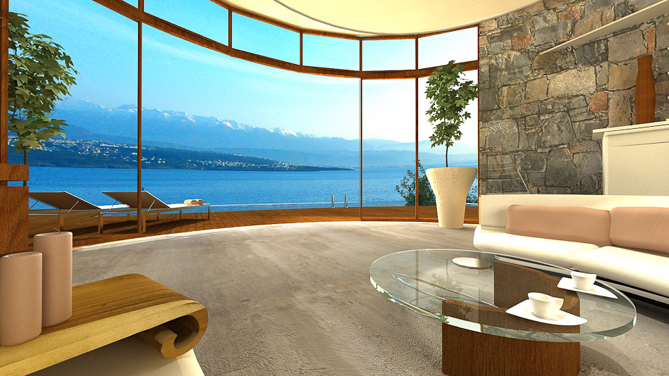 Living room and kitchen area has a panoramic view to the sea and the mountains through huge floor to ceiling glass panels.<br>(Keep cursor outside image, to let the image slideshow run)